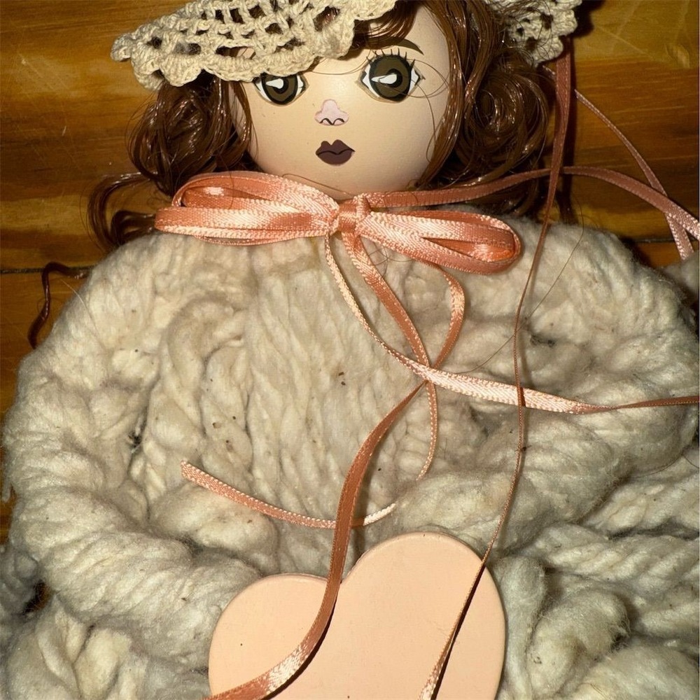 Handmade Vintage Yarn Doll with Long Curly Hair‎ & Crochet Hat